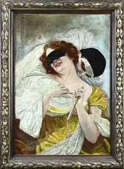 Gaston Cocq, Pierrot + dame, Olieverf op paneel