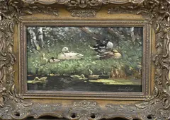 Arnout van Gilst, Eenden familie aan waterkant, Olieverf op paneel