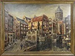 Jan Mens, Stadsgezicht Amsterdam, Olieverf op schilderskarton