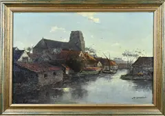 Jan Knikker, Riviergezicht met stompekerk, Olieverf op linnen