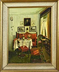 Grönegreg, Duits biedermeier interieur met schilderijen, Olieverf op linnen