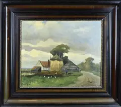 Gerard Krol, Landschap met kippen, Olieverf op paneel