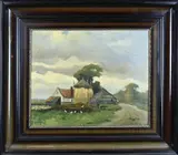 Gerard Krol, Landschap met kippen, Olieverf op paneel