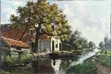 J. de Smit? Hollandse School, Boerenhuis aan beek, Olieverf op linnen