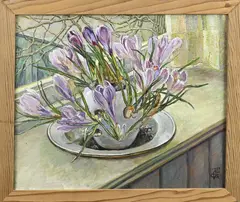 Monogram C.F.A., Bloemenvaas op vensterbank, Olieverf op linnen