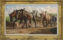 Bussiere? Circa Onduidelijk, Boer met trekpaarden, Olieverf op linnen