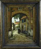 A. v & d Ven, Stadspoort met wandelaar, Olieverf op paneel