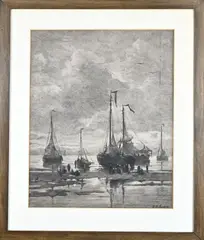 Bomschuiten strand Scheveningen by Hendrik Willem Mesdag, Antieke ets H.W, sold Jan 2026