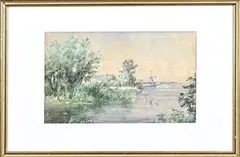 Piet Schipperus, Plasgezicht met windmolen, Aquarel op papier