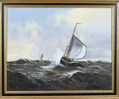 P. Moerman, Platbodem op Friese meren, Olieverf op linnen