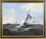 P. Moerman, Platbodem op Friese meren, Olieverf op linnen