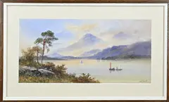 E. St. John, Bergmeer met zeilboten, Aquarel op papier