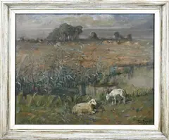 K. de Bondt, Schaap met lam bij waterkant, 1946, Olieverf op paneel