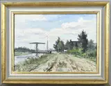 J.H. Coster, Hollands landschap met ophaalburg en boerderij, Olieverf op linnen
