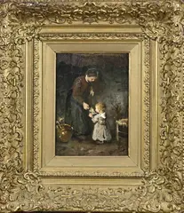 Albert Neuhuys, Boeren interieur, Olieverf op paneel