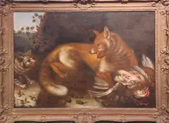 Ongesigneerd? Circa 1700, Vos en wilde kat vechten om haan, Olieverf op linnen