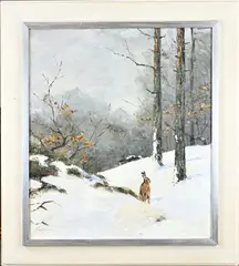 Jo Schrijnder, Winters landschap met haas, Olieverf op linnen