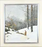 Jo Schrijnder, Winters landschap met haas, Olieverf op linnen