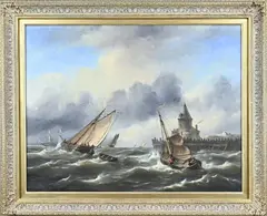 Govert van Emmerik, Havenmonding met schepen op ruwe zee, Olieverf op linnen