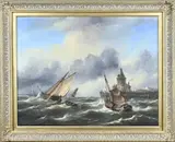 Govert van Emmerik, Havenmonding met schepen op ruwe zee, Olieverf op linnen