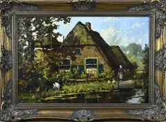 M.J. Nefkens, Boerin met kippen, Olieverf op linnen