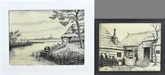 2x Klaas Bernink, 2x Landschap boerenhuis, Houtskool op papier