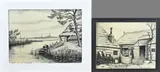 2x Klaas Bernink, 2x Landschap boerenhuis, Houtskool op papier