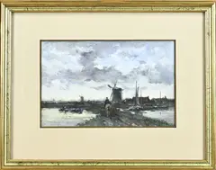 Willem Cornelis Rip, Landschap met molens, Aquarel op papier