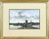 Willem Cornelis Rip, Landschap met molens, Aquarel op papier