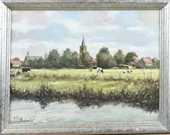 R. Koelewijn, Landschap met koeien en kerkdorp, Olieverf op linnen