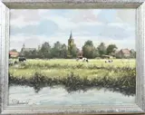 R. Koelewijn, Landschap met koeien en kerkdorp, Olieverf op linnen