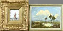 2x C.J. van der Aa, Platbodem + Landschap met schapen, Olieverf op paneel