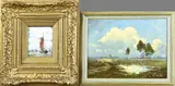 2x C.J. van der Aa, Platbodem + Landschap met schapen, Olieverf op paneel