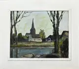 Theo Swagemakers, Dorpsgezicht met kerk, Olieverf op paneel