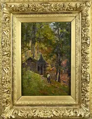 Vitus Staudacher, Bosgezicht met hut, Olieverf op linnen