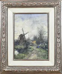 Markelo Jan Broeze, Landschap met windmolen, Aquarel op papier
