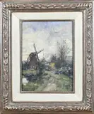 Markelo Jan Broeze, Landschap met windmolen, Aquarel op papier