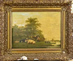 Onduidelijk gesigneerd, Hollands landschap, Olieverf op paneel