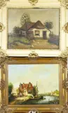 Noordman + de Bruin, Boerderij met kippen / Haven, Twee olieverfschilderijen
