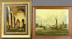 2x Olieverf schilderij, Kerkinterieur + Havengezicht, 2x Olieverf schilderij