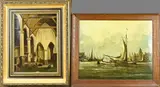 2x Olieverf schilderij, Kerkinterieur + Havengezicht, 2x Olieverf schilderij