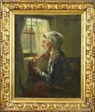 Hollandse boerenvrouw bij venster by Attok & Atjak? Mogelijk Hongaarse schilder, Olieverf op paneel, sold Oct 2025