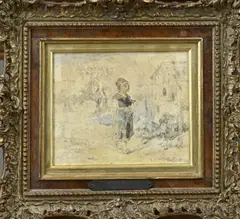M. ten Cate, Meisje in landschap, Aquarel op papier