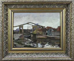 Paul van Dam, Dorpsgezicht met ophaalbrug, Olieverf op schilderskarton