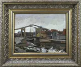 Paul van Dam, Dorpsgezicht met ophaalbrug, Olieverf op schilderskarton