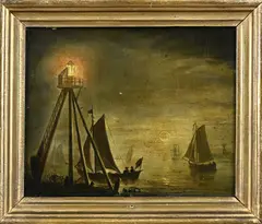 Hollandse School, Zeegezicht met vuurtoren en boten, Olieverf op paneel