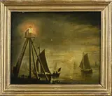 Hollandse School, Zeegezicht met vuurtoren en boten, Olieverf op paneel