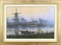 Chris Hammes, Rivergezicht met visser en molen, Olieverf op linnen