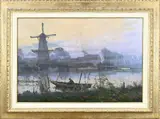 Chris Hammes, Rivergezicht met visser en molen, Olieverf op linnen
