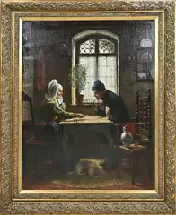 J.A. Heijermans, Kaart-spelend boeren stel, Olieverf op linnen